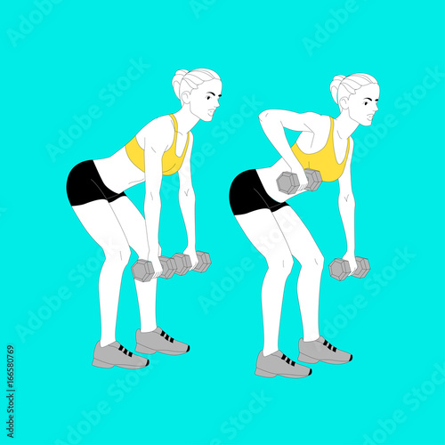 The girl is doing sports exercises with dumbbells isolated on blue background. Vector illustration.