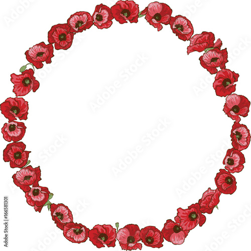 Circle floral frame of detailed hand drawn red poppies. Vector illustration.