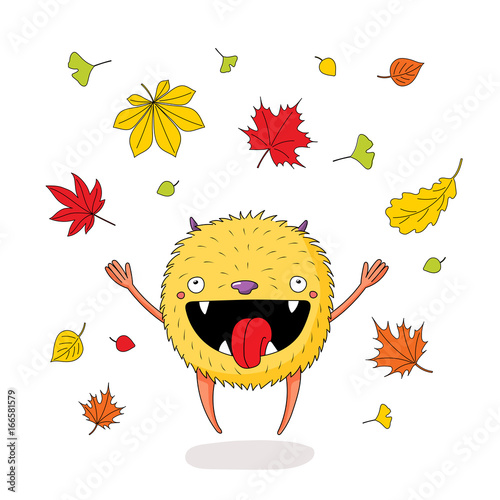 Hand drawn vector illustration of a cute little monster jumping happily among the falling colourful autumn leaves.