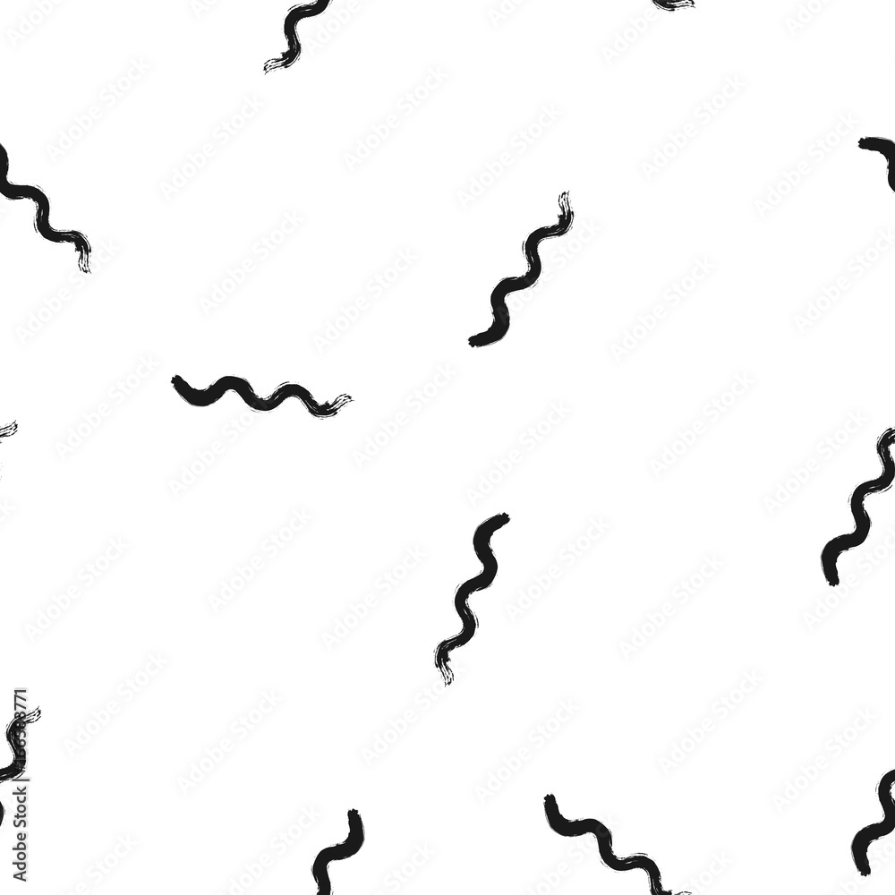 Repeated wavy lines. Monochrome seamless pattern. Drawn by hand. Black elements on a white background. Repeated wavy lines. Monochrome seamless pattern. Drawn by hand. Black elements on a white background.