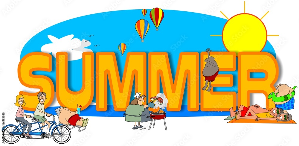 Illustration of the word Summer surrounded by people doing hot weather activities.