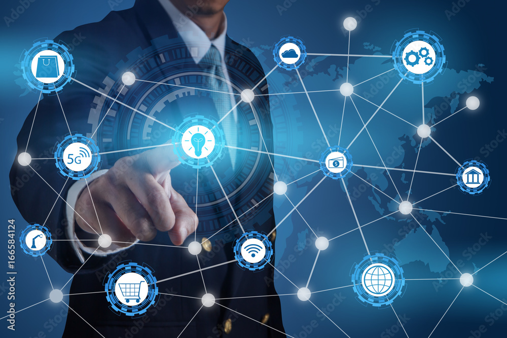 Business man working with modern virtual technology and pressing a button on the touch screen. futuristic technology concept. Business man working with modern virtual technology and pressing a button on the touch screen. futuristic technology concept.