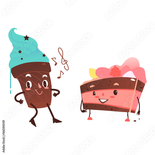 Vector sweet humanized character set. Biscuit, tiramisu , cupcake with arms and legs . Flat cartoon isolated illustration on a white background. Funny smiley dessert with cream on head.