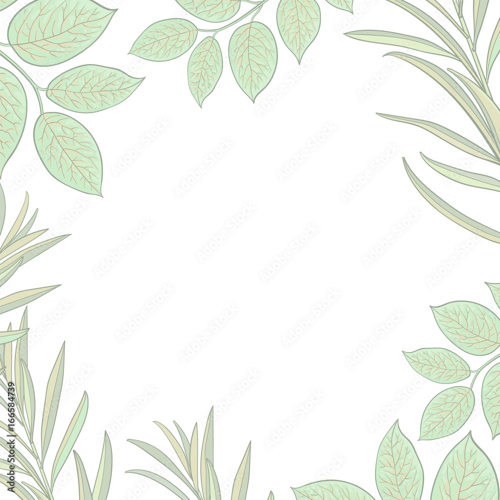 Square banner, frame of tree twigs, branches with fresh green leaves and round place for text, sketch vector illustration isolated on white background. Square banner, frame of tree twigs, branches with fresh green leaves and round place for text, sketch vector illustration isolated on white background.