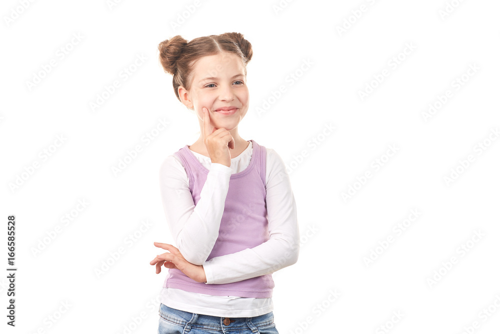 Portrait of beautiful little girl with hair buns against white background Portrait of beautiful little girl with hair buns against white background