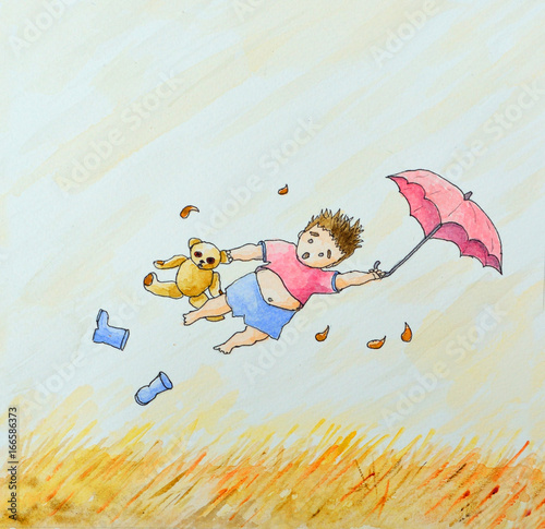 Ink  and Watercolor  Painting  of  Child  taking off  in high wind holding on to an umbrella 