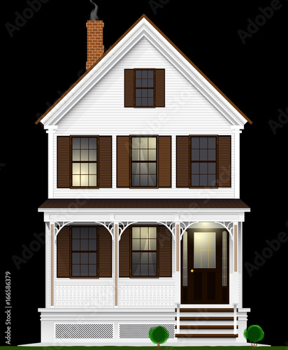 A typical and classic American house made of wood painted with white paint. Two floors, basement and attic. View from the facade.