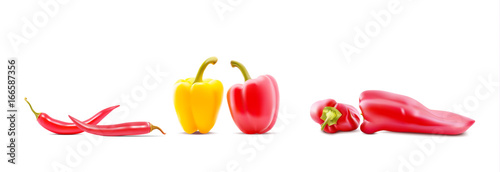 Different sorts of hot peppers in all colors, shapes and sizes. Chilly peper icons. Vector Illustrations.