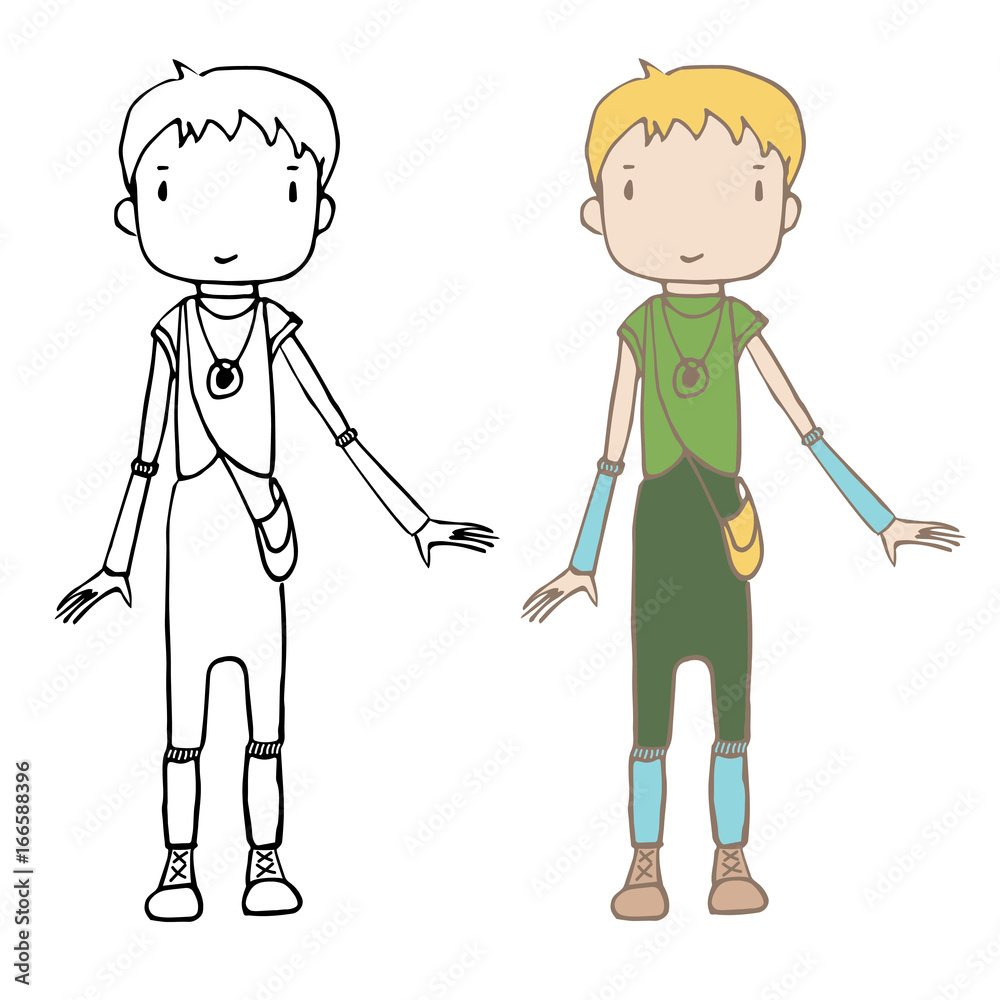 Hand drawn illustration of a unisex cartoon girl (boy) with short hair, in earthy colors. Hand drawn illustration of a unisex cartoon girl (boy) with short hair, in earthy colors.