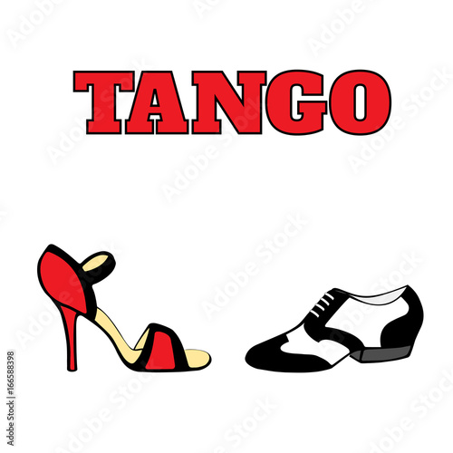 Vector argentine tango dancing shoes poster with men shoe in black and white, 20s style, women shoe high heel, red and black, with word tango.