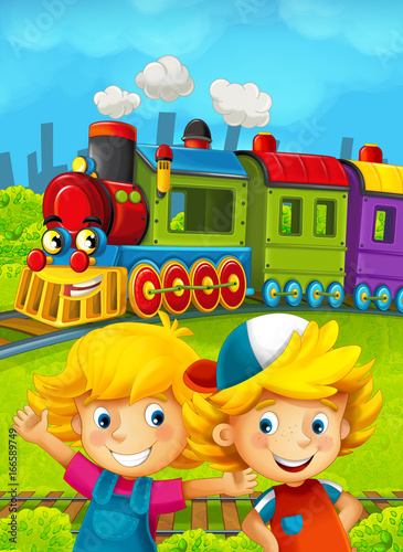 Fototapeta Naklejka Na Ścianę i Meble -  Cartoon train scene with happy kids having fun on the railway- illustration for children