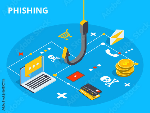 Phishing via internet isometric vector concept illustration. Email spoofing or fishing messages. Hacking credit card or personal information website. Cyber banking account attack. Online sucurity.