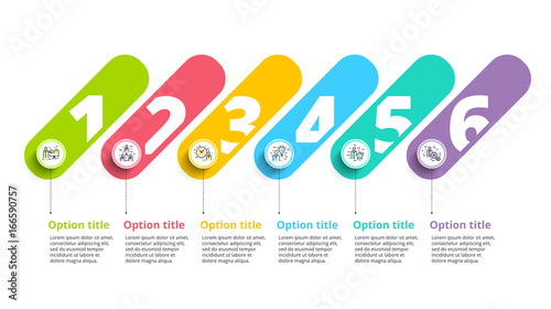 Business process chart infographics with 6 step circles. Circular corporate workflow graphic elements. Company flowchart presentation slide template. Vector info graphic design.