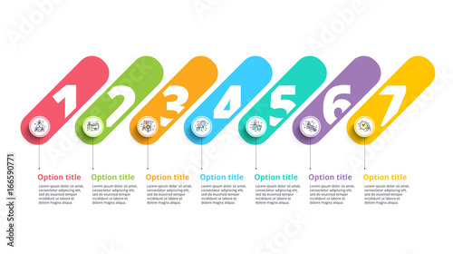Business process chart infographics with 7 step circles. Circular corporate workflow graphic elements. Company flowchart presentation slide template. Vector info graphic design.