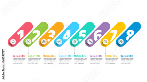 Business process chart infographics with 8 step circles. Circular corporate workflow graphic elements. Company flowchart presentation slide template. Vector info graphic design.