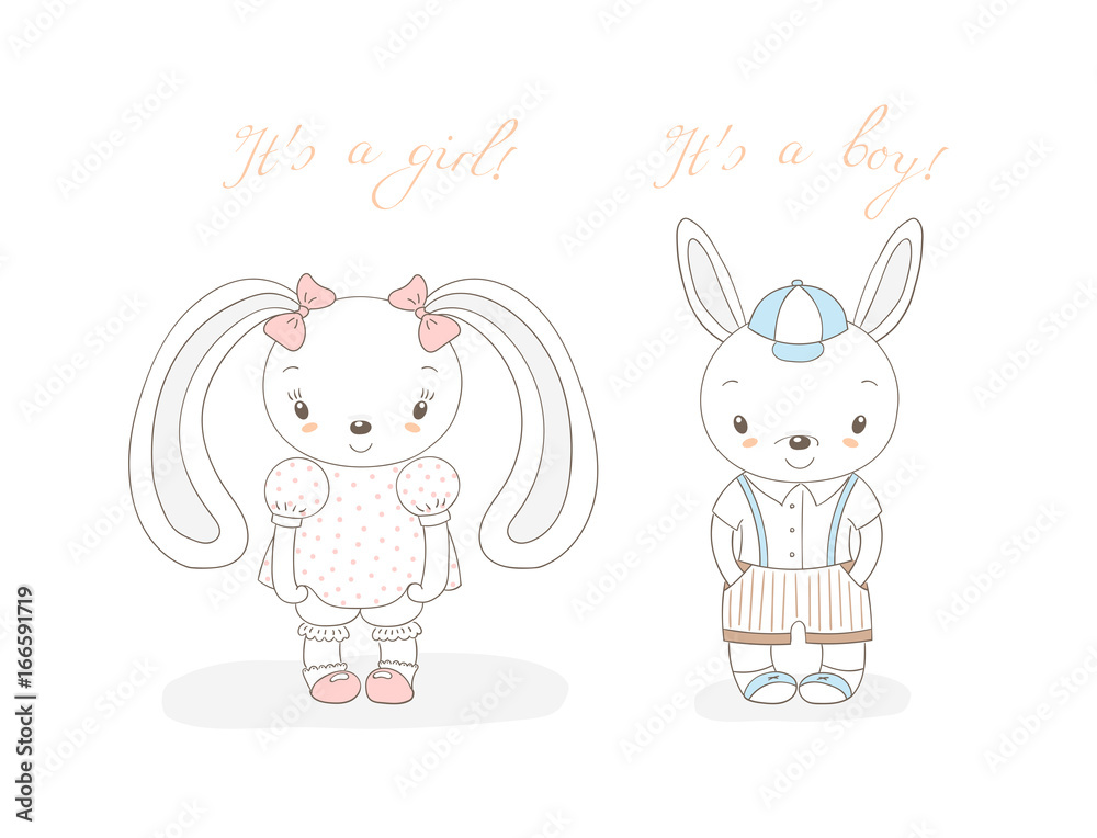 Hand drawn vector illustration of a little smiling bunny boy in shorts and girl with bows, text It' s a boy, It' s a girl.