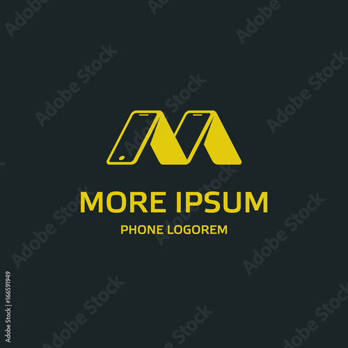 Yellow phone logo template. Several phones rely on each other look like the letter M. Isolated vector icon with text for mobile on a black background.