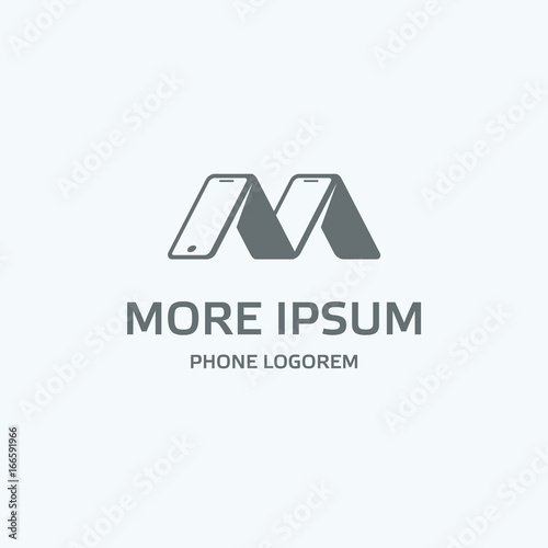 Gray phone logo template. Several phones rely on each other look like the letter M. Isolated vector icon with text for mobile on a white background.