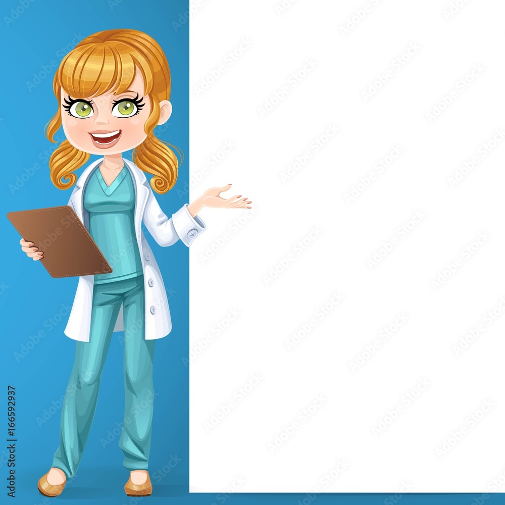Beautiful girl doctor in a white medical coat shows gesture thumbs up isolated on white background Beautiful girl doctor in a white medical coat shows gesture thumbs up isolated on white background