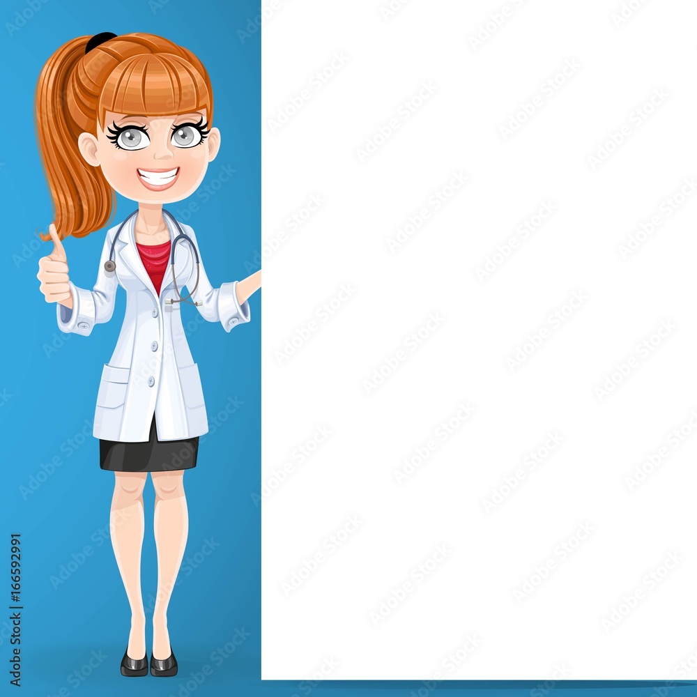 Beautiful girl doctor shows gesture thumbs up and hold big vertical banner standing on blue background Beautiful girl doctor shows gesture thumbs up and hold big vertical banner standing on blue background