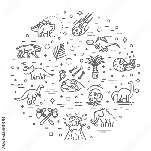 Dinosaur icons vector. Dinosaur egg and volcano, dinosaur skeleton and tyrannosaurus icons