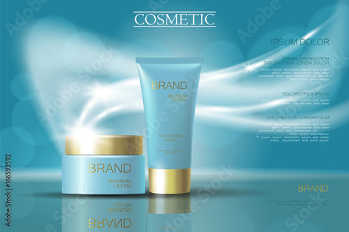 Golden light blue skincare cream package cosmetics ads. Realistic 3d vector illustration promotion poster. Flying delicate defocused glowing wave swirl turquoise background template