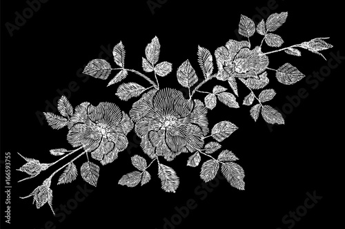 Fototapeta Naklejka Na Ścianę i Meble -  Embroidery flower white rose wildflower dogrose briar patch. Fashion print textile ornament decoration on black vector illustration
