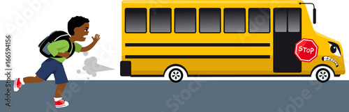 Little black boy trying to catch a cranky school bus, EPS 8 vector illustration