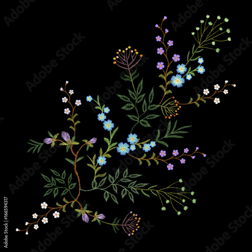 Embroidery trend floral pattern small branches herb leaf with little blue violet flower. Ornate traditional folk fashion patch design neckline blossom on black background vector illustration