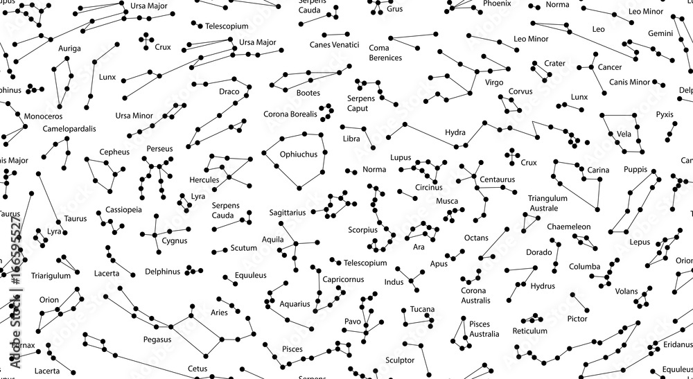Raster illustration. Seamless pattern for decoration, design. Astronomy different constellations on a white background with titles. Zodiac sign of the bright stars. Glowing lines and points Raster illustration. Seamless pattern for decoration, design. Astronomy different constellations on a white background with titles. Zodiac sign of the bright stars. Glowing lines and points