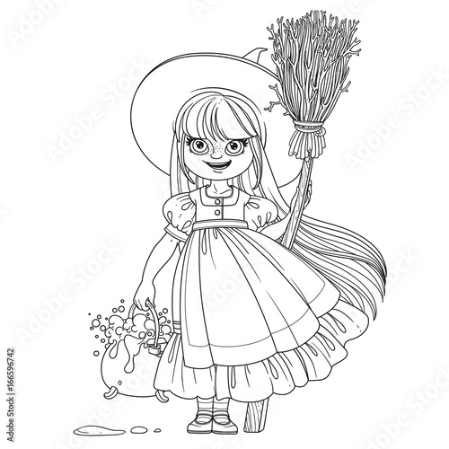 Sweet girl in witch costume holds a broom for flying and pot of bubbling potions outlined coloring page