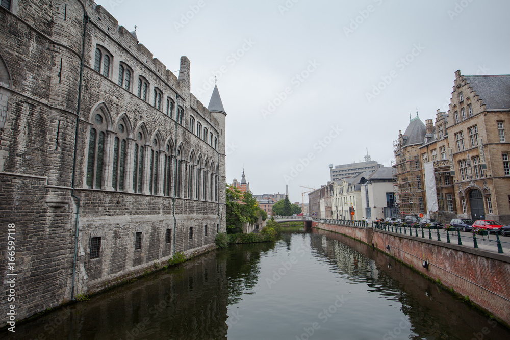 Ghent canal and building architecture and landmark of Ghent Belgium