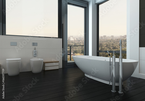 Modern apartment bathroom with freestanding tub
