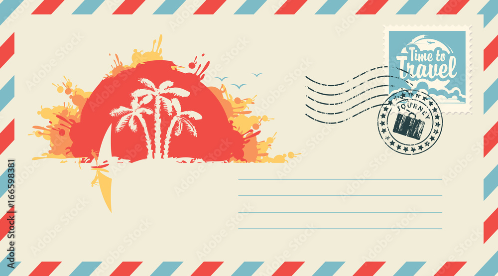 Postal envelope with stamp and rubber stamp. Illustration on the theme travel landscape with palm trees, surfer and island at sunset and the inscription Time to travel
