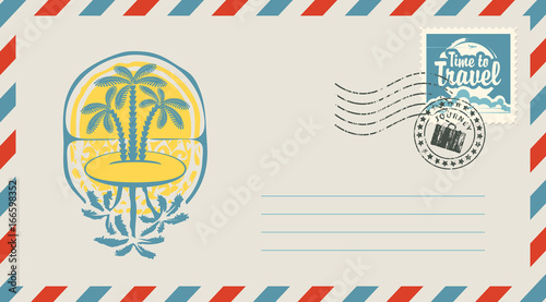 Postal envelope with stamp and rubber stamp. Illustration on the theme of travel with the scenery of the Islands, palm trees and a sunset and a calligraphic inscription Time to travel