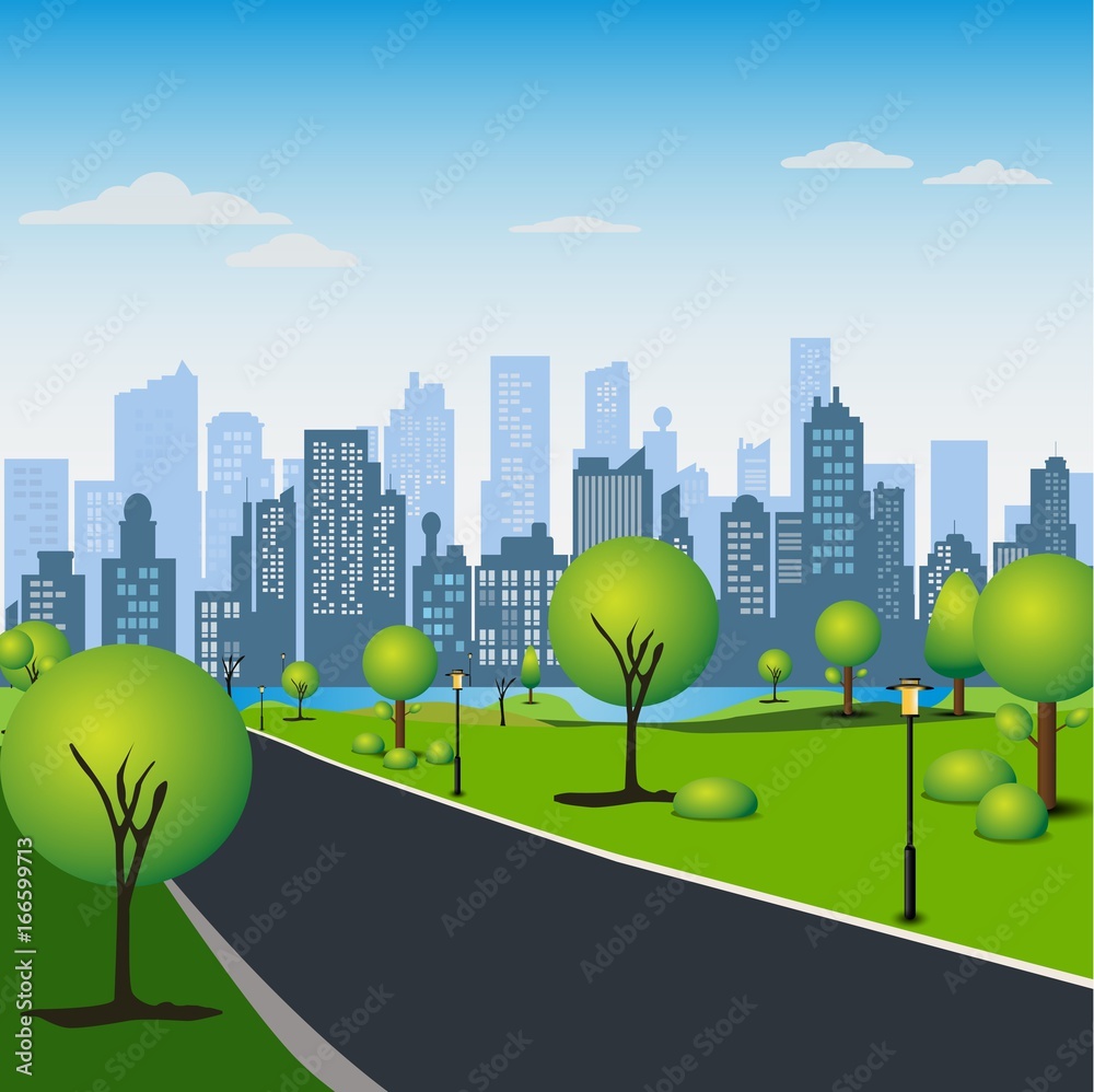 Green grass in the park.  Green Park in urban City.  business city center with skyscrapers and large buildings, river. Green park vegetation in center of big town. Vector illustration.