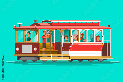 Retro detailed vector cable car, 3d view, isolated. Transit vintage graphic element on cable rail car. Urban lifestyle, touristic and sightseeing graphic design.