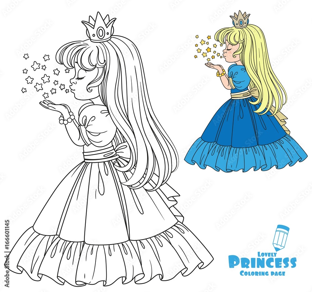 Obraz premium Beautiful princess girl blows off the magic shiny stars color and outlined picture for coloring book on white background
