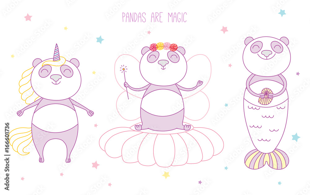 Hand drawn vector illustration of a cute panda unicorn, flower fairy, mermaid, among the stars, with text