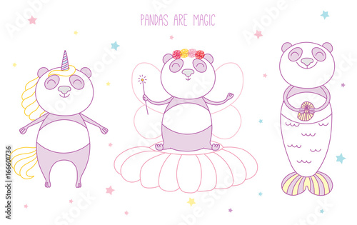 Hand drawn vector illustration of a cute panda unicorn, flower fairy, mermaid, among the stars, with text