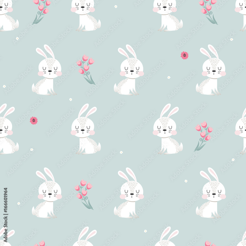 Seamless pattern with white rabbits