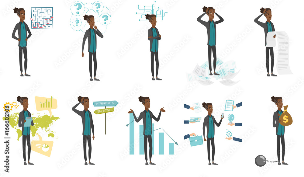 Young african-american businessman set. Businessman choosing career, looking at labyrinth, standing in the heap of papers. Set of vector flat design cartoon illustrations isolated on white background.