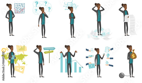 Young african-american businessman set. Businessman choosing career, looking at labyrinth, standing in the heap of papers. Set of vector flat design cartoon illustrations isolated on white background.