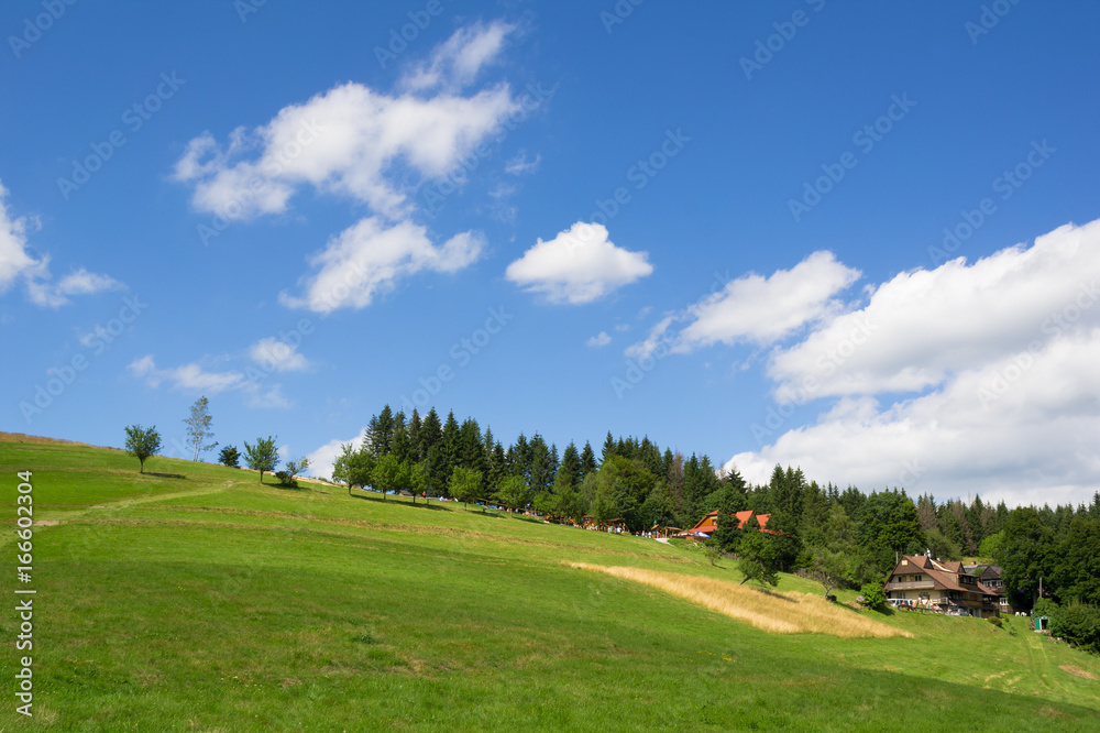 Kamenity, Beskid mountains ( Beskids, Beskydy ), Silesia, Czech Republic, Czechia - beautiful nature and landscape - hillside, meadow with grass, mountain hut / cabin. Touristic place in rural area