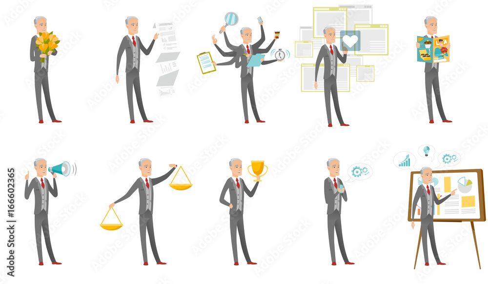 Senior caucasian businessman set. Businessman holding bouquet of flowers, giving a presentation, speaking into loudspeaker. Set of vector flat design cartoon illustrations isolated on white background Senior caucasian businessman set. Businessman holding bouquet of flowers, giving a presentation, speaking into loudspeaker. Set of vector flat design cartoon illustrations isolated on white background