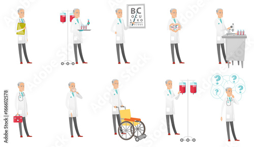 Senior caucasian doctor set. Scientist working with microscope, ophthalmologist pointing at eye chart, dentist with loupe. Set of vector flat design cartoon illustrations isolated on white background.