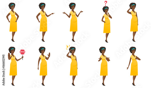 African pregnant woman scratching head. Full length of pregnant woman scratching head. Puzzled pregnant woman scratching head. Set of vector flat design illustrations isolated on white background.