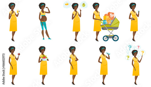 Young pregnant woman with a pram full of presents. African pregnant woman walking with a pram full of gifts. Baby shower concept. Set of vector flat design illustrations isolated on white background.