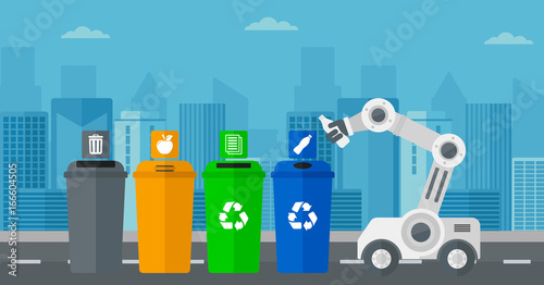 Robot throwing away plastic bottle. Robot standing near four bins and throwing away plastic bottle in an appropriate bin. Robotic technology concept. Vector flat design illustration. Horizontal layout