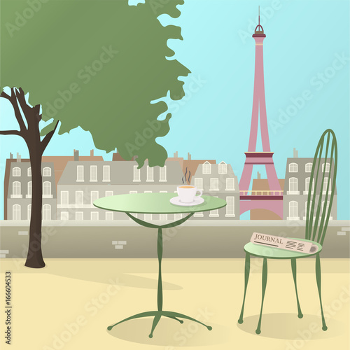 Let’s go to Paris. Cup of  coffee with newspaper and view over Paris in pistachio colors.